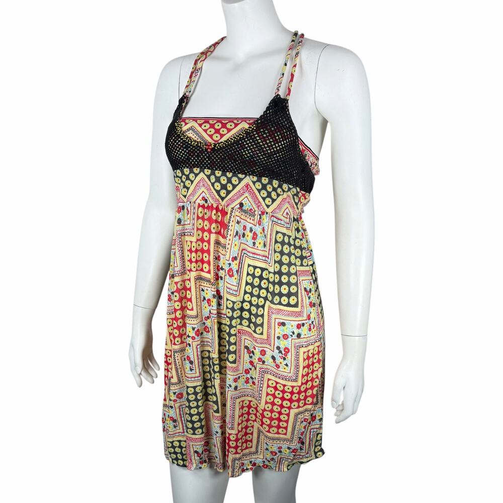 Y2K 90s Vintage Free People Mini Dress XS Mesh Festival Rave Boho Dopamine